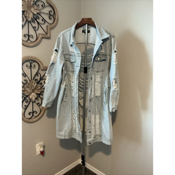 Thrill Jackets & Blazers - Thrill Jeans Long Denim Acid Washed Jacket Distressed Destroyed Frayed Button 2X